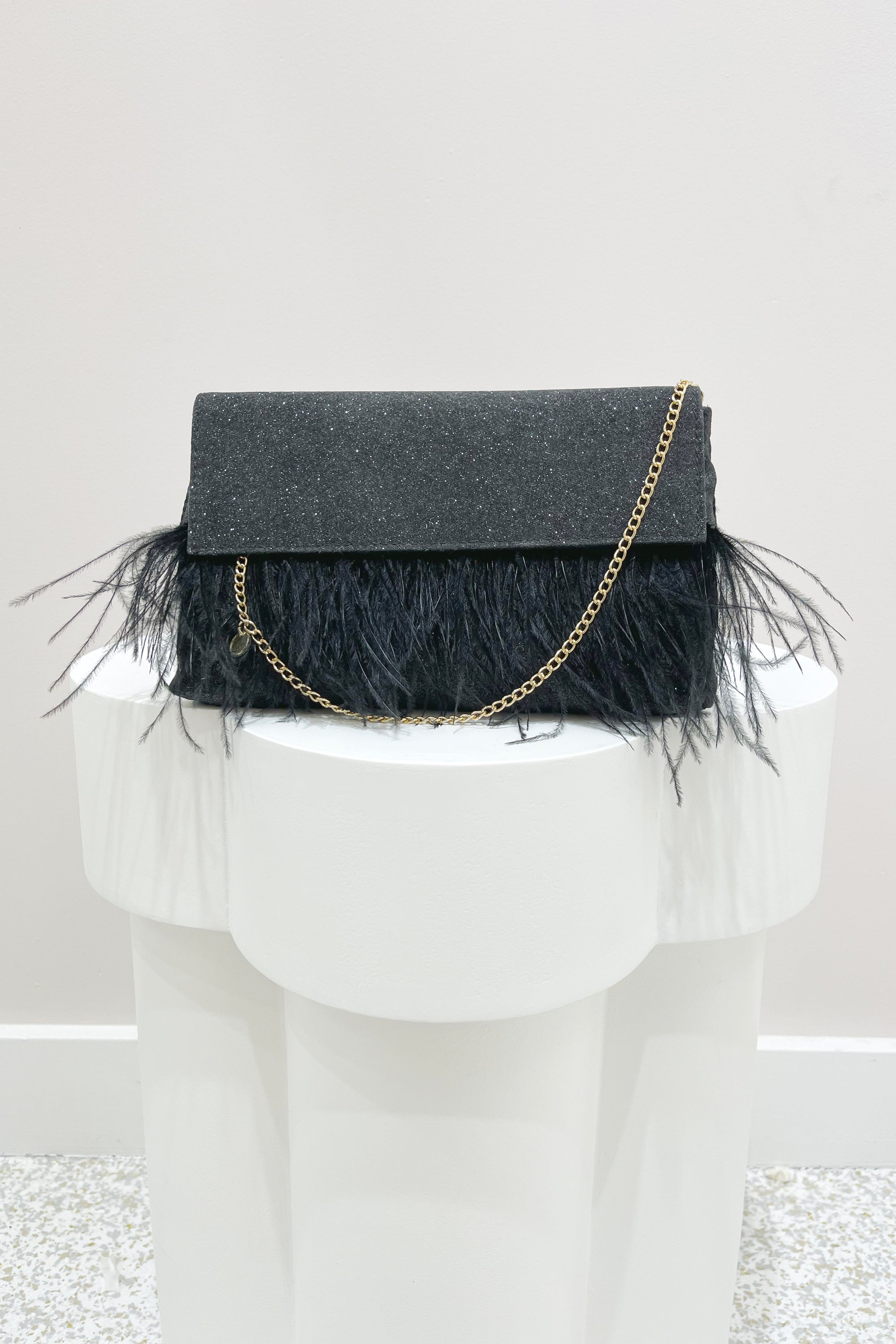 Olga Berg Mia Glitter Feather Trim Clutch Black