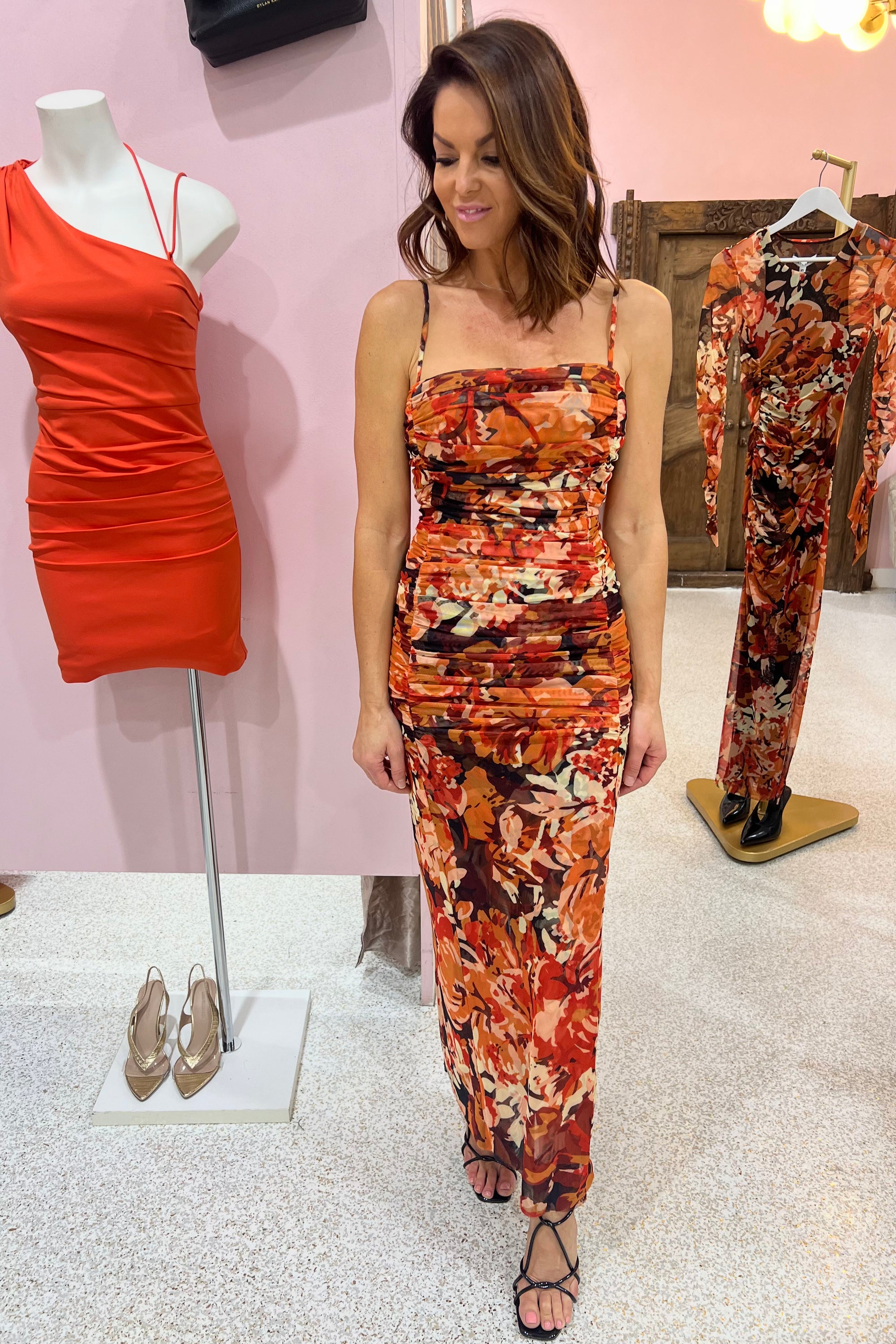 Shona Joy Rubi Open Back Ruched Midi Dress | Tangerine / Multi