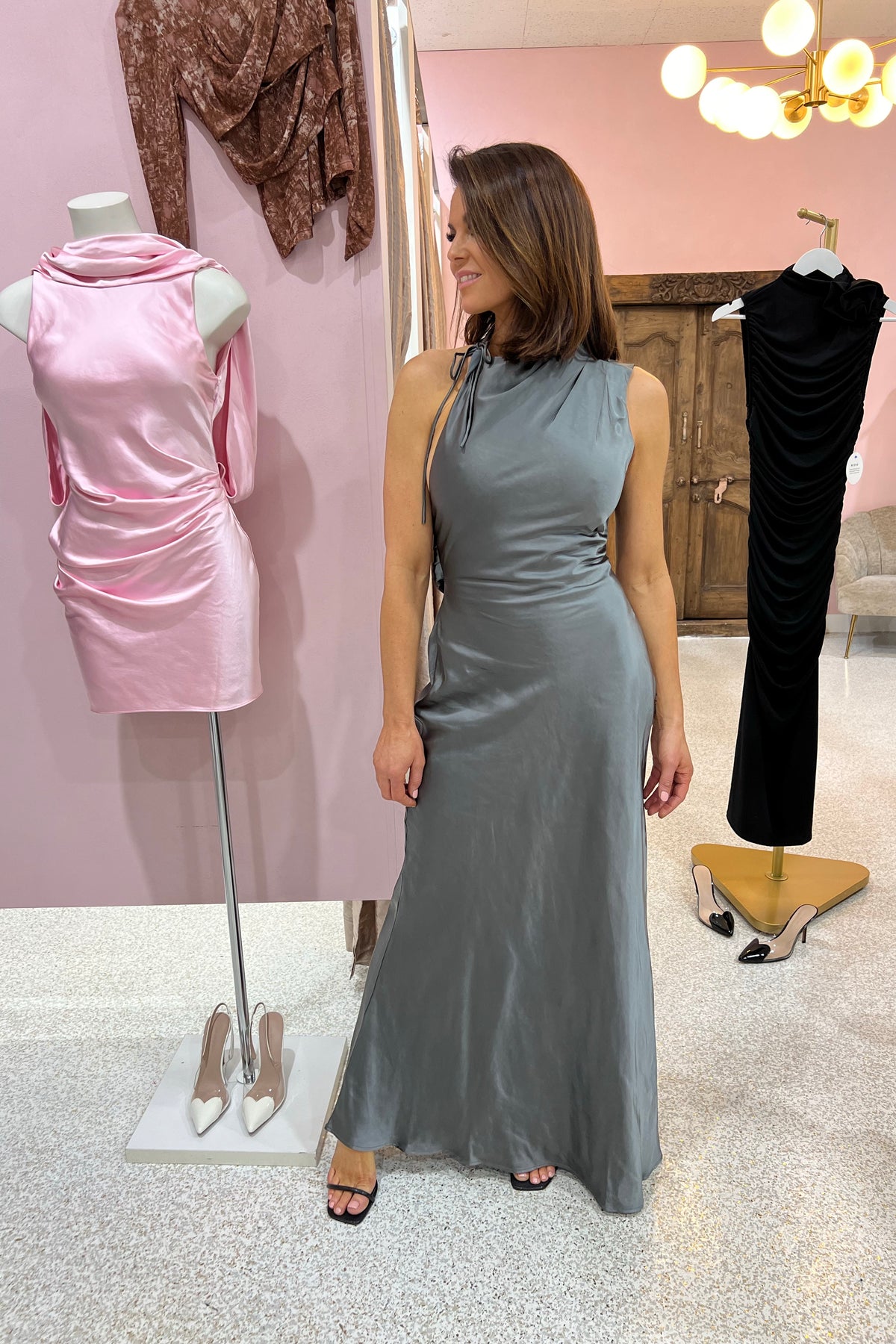 Misha Santana Gloss Satin Maxi Dress | Pewter