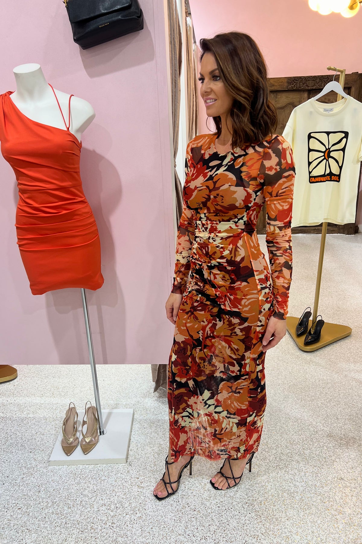 Shona Joy Rubi Gathered Midi Dress | Tangerine / Multi