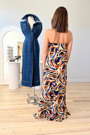 Shona Joy Palma Silk Strapless Column Maxi Dress | Cobalt / Multi