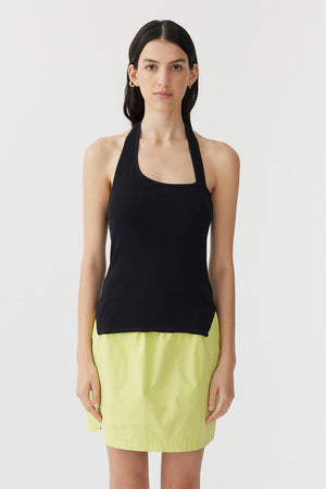 Bassike Rib Asymmetric Halter Tank | Black