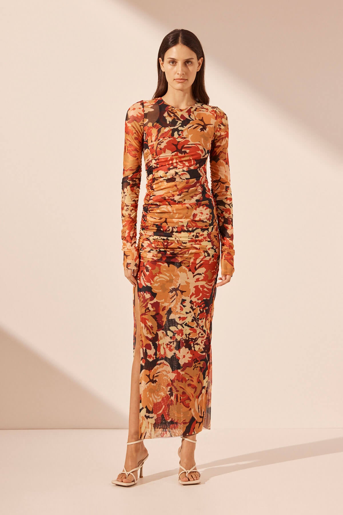 Shona Joy Rubi Gathered Midi Dress | Tangerine / Multi