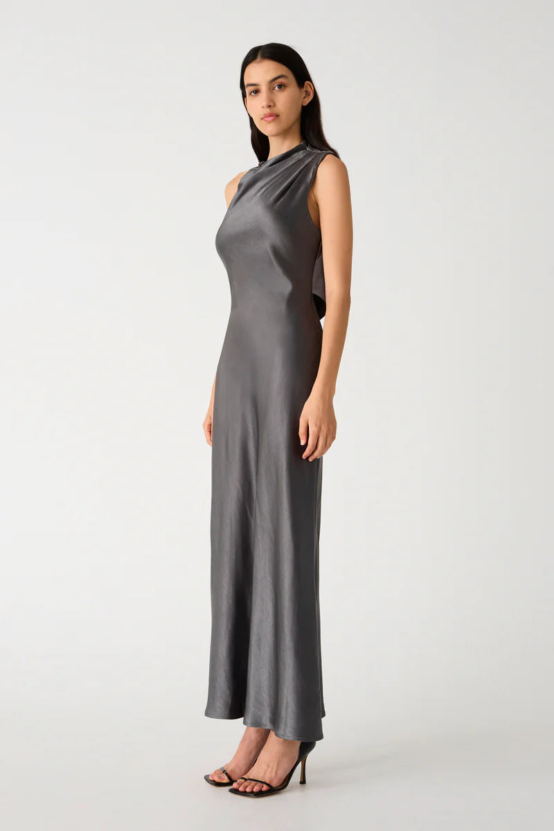 Misha Santana Gloss Satin Maxi Dress | Pewter