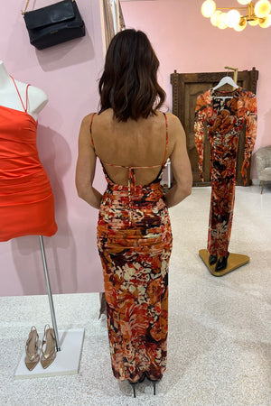 Shona Joy Rubi Open Back Ruched Midi Dress | Tangerine / Multi