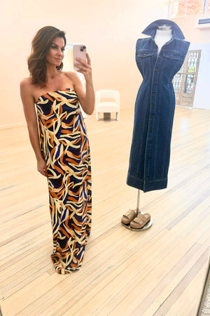Shona Joy Palma Silk Strapless Column Maxi Dress | Cobalt / Multi