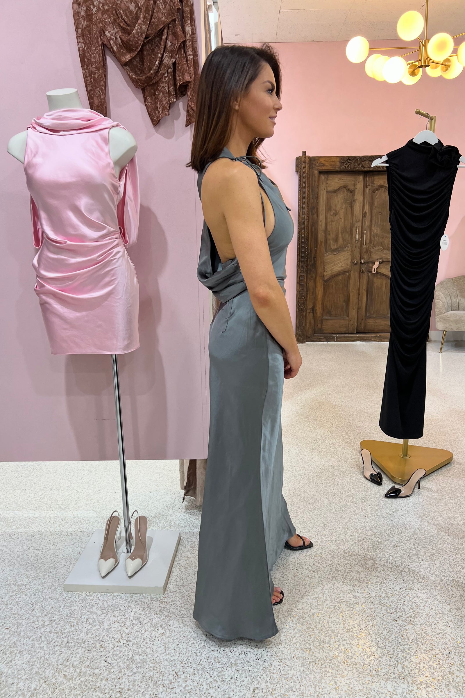 Misha Santana Gloss Satin Maxi Dress | Pewter