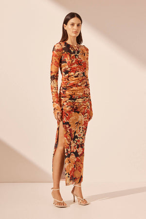 Shona Joy Rubi Gathered Midi Dress | Tangerine / Multi