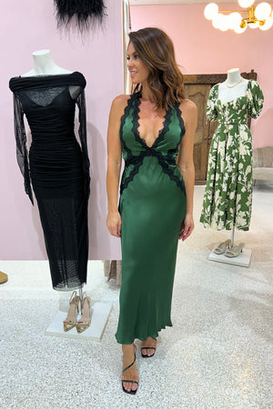 Shona Joy Camille Lace Cross Back Midi Dress | Fern / Black