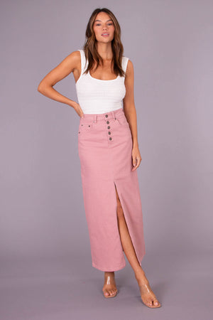 Chosen By Fifi & Annie The Button Down Denim Midi Skirt | Dusty Rose