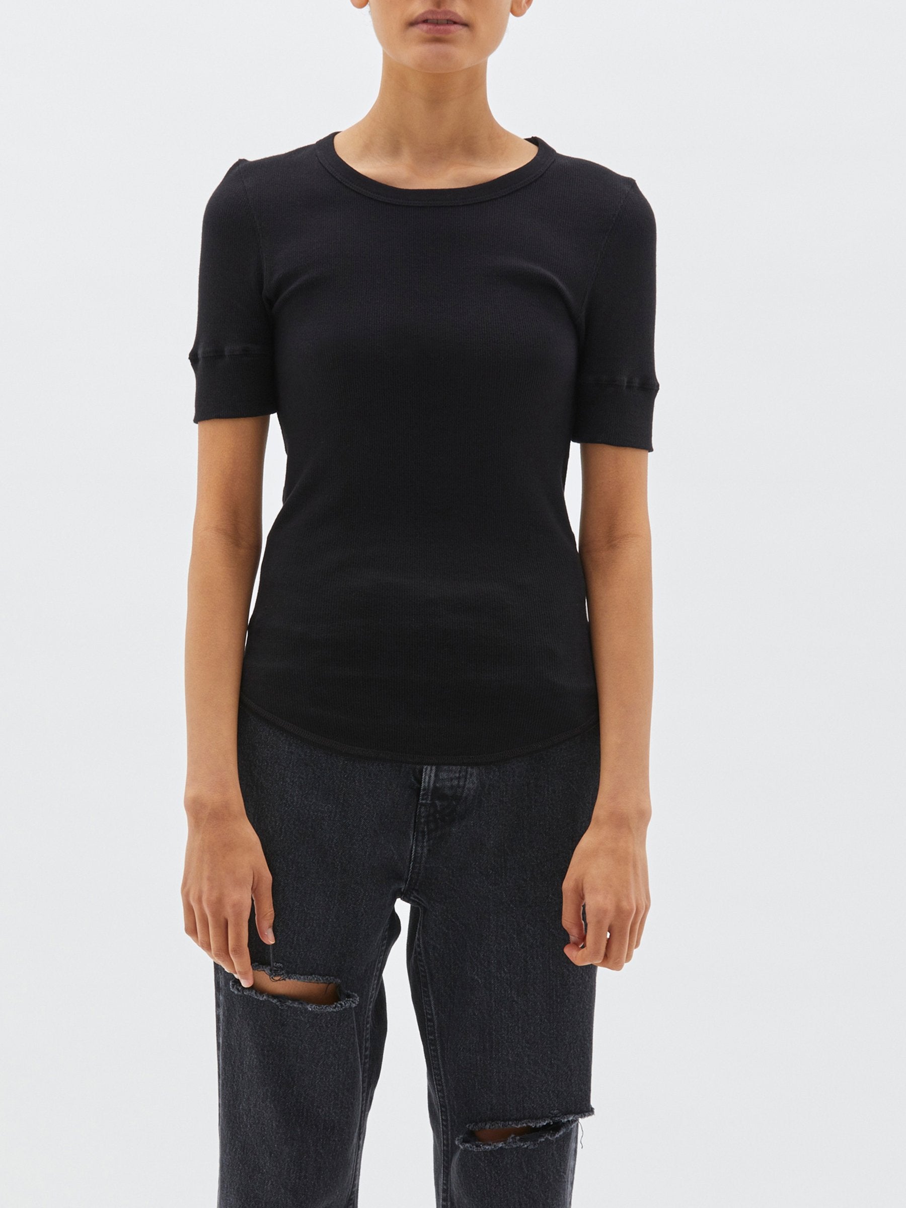 Bassike Cuff Detail Mini Rib Short Sleeve Top