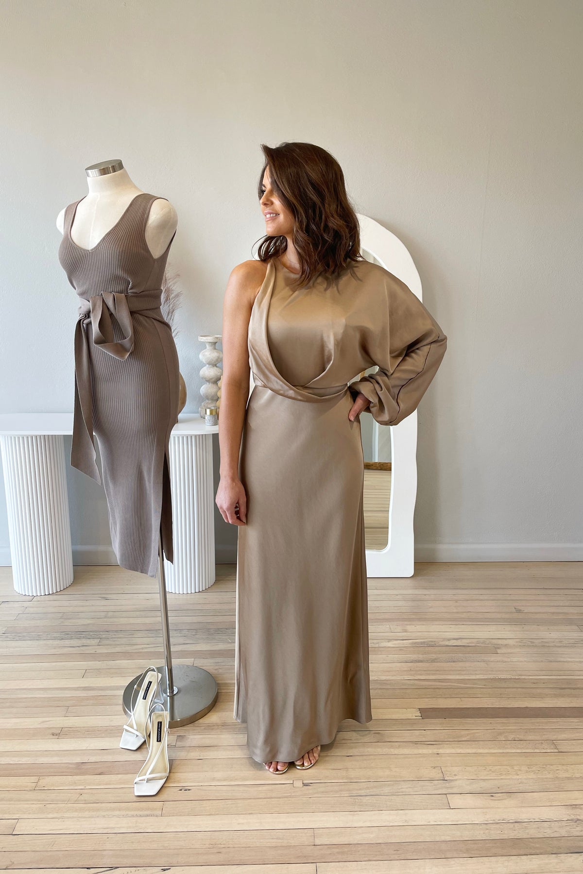 Significant Other Alessia One Shoulder Long Sleeve Dress | Latte - Fifi & Annie Significant Other Alessia One Shoulder Long Sleeve Dress | Latte - Fifi & Annie