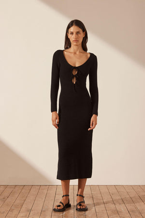 Shona Joy Eve Long Sleeve Keyhole Midi Dress | Black