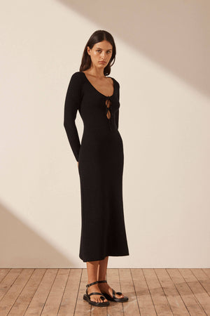 Shona Joy Eve Long Sleeve Keyhole Midi Dress | Black