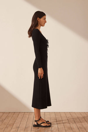 Shona Joy Eve Long Sleeve Keyhole Midi Dress | Black