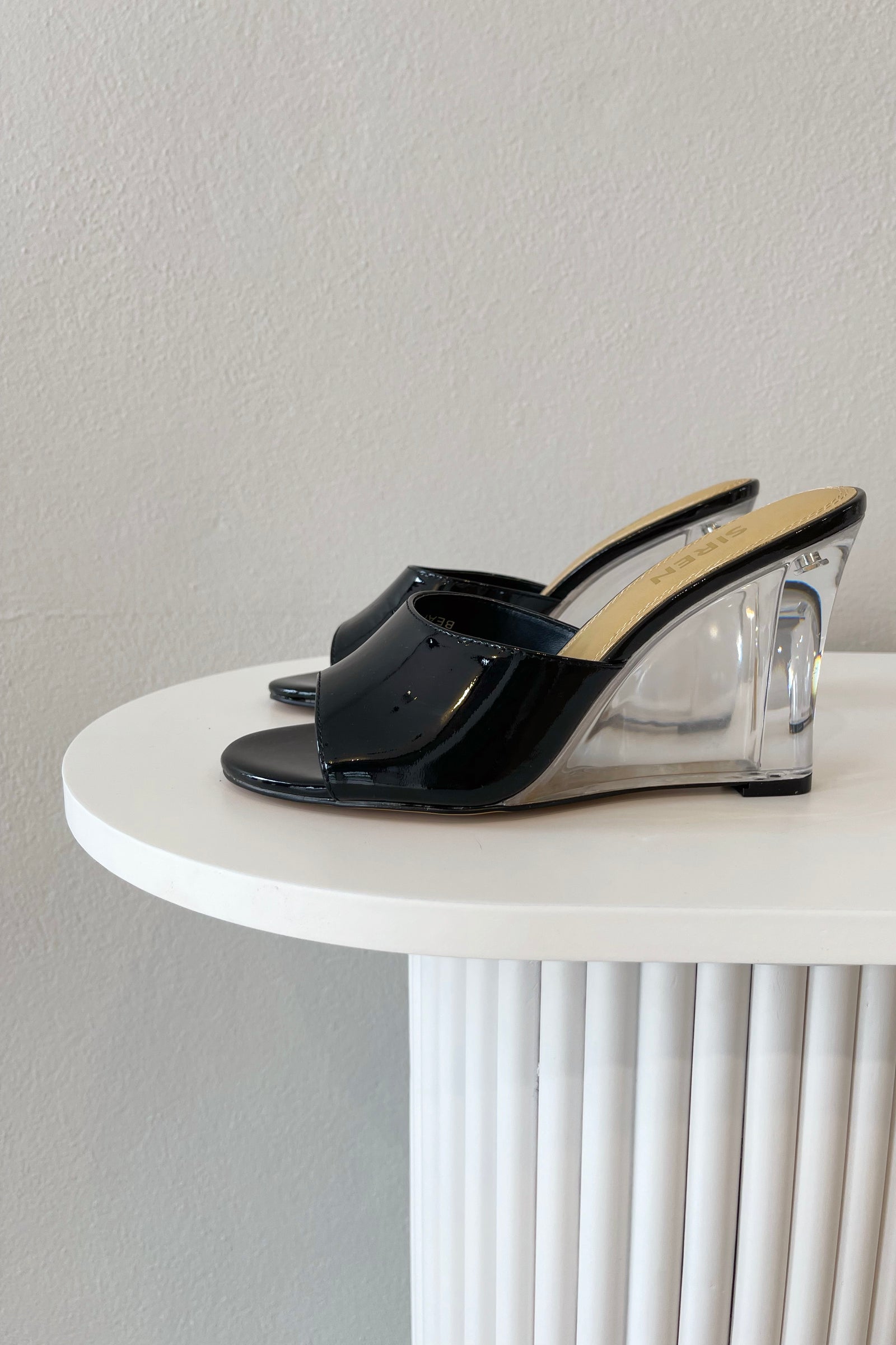 Siren Bear Clear Wedge Heel | Black Patent
