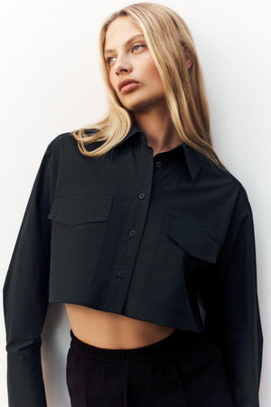 Shona Joy Mareva Patch Pocket Crop Shirt | Black