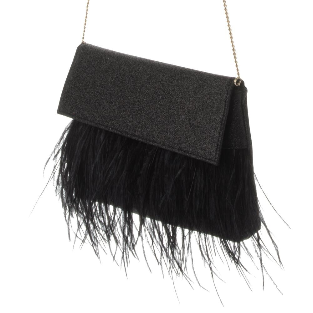 Olga Berg Mia Glitter Feather Trim Clutch Black